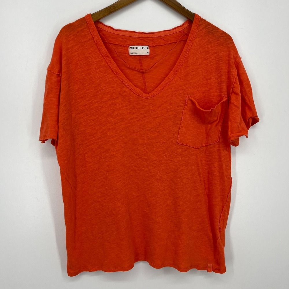We The Free FP T-Shirt Women's M Orange Distressed Oversized Round Neck